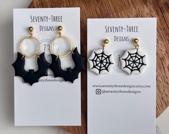 Halloween Polymer Clay Earrings: Bat & Spiderweb Festive Jewelry