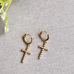 Gold Cross Earrings, Cross Huggie, Hoop Earrings, Charm Hoop Earrings