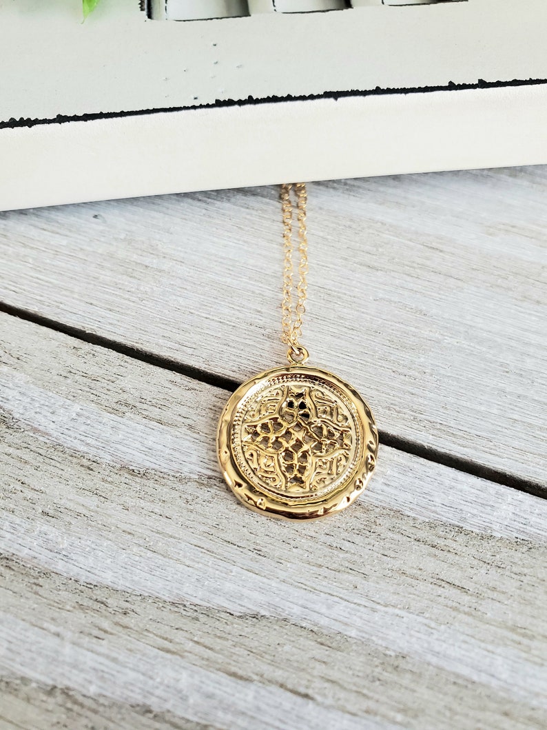 Gold Pendant Necklace Gift for Her Hammered Charm Necklace Gold Stamp Necklace Layering Necklace