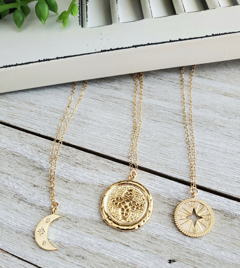 Gold Pendant Necklace Gift for Her Hammered Charm Necklace Gold Stamp Necklace Layering Necklace