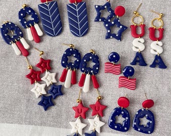 Pendientes patrióticos de arcilla polimérica: rojo, blanco y azul - Hipoalergénicos