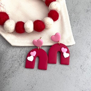 Valentines Day Clay Earrings, Red Arch Heart Earrings, Dangle Clay Earrings, Gift for Her, Statement Earrings, Polymer Clay