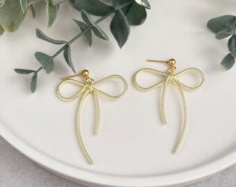 Gold Bow Earrings, Minimalist Earrings, Dangle Earrings, Gift for Her, Nickel Free