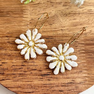 White Flower Earrings, Polymer Clay Earrings, Floral Hoops, Hypoallergenic
