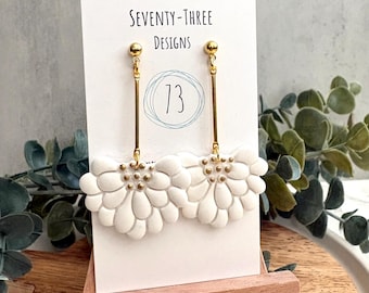 White Flower Earrings, Long Dangle Earrings, Hypoallergenic