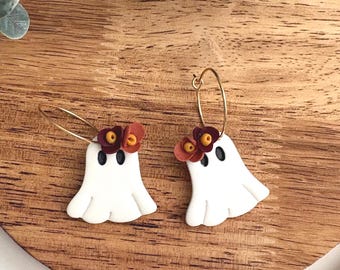 Halloween Ghost Hoop Earrings, Polymer Clay Dangle Earrings