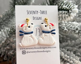 Christmas Earrings, Clay Polar Bear Earrings, Hypoallergenic