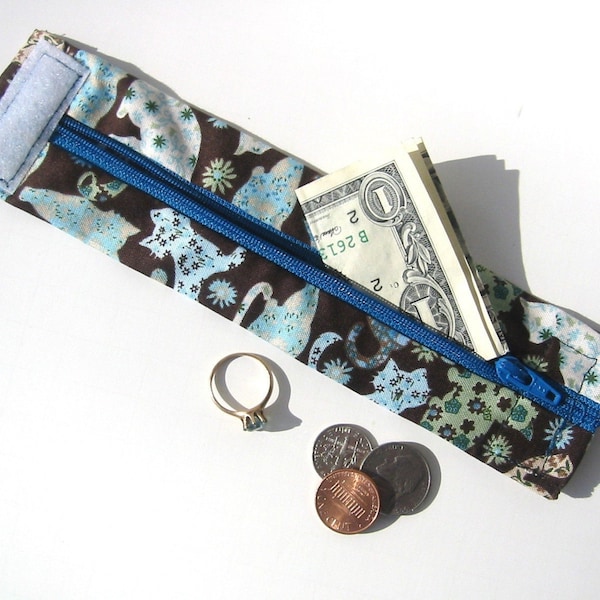 Money Cuff for Kids -Secret Stash-  The Cats Meow in Blue/Brown- hide your lunch money, house key, secret notes, health info etc