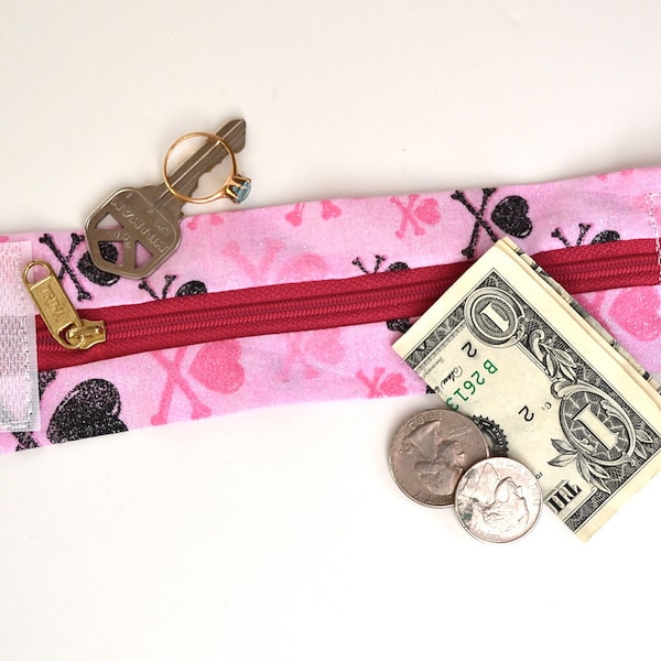 Kids  "Secret Stash" Money Cuff- - Hide your lunch money, house key , teacher notes- Pink Crossbones