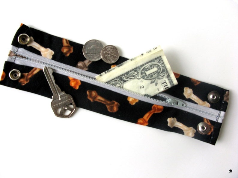 Wristband Money Cuff Secret Stash Dog Bones hide your cash, jewels, key, health info in an inside zipper image 2