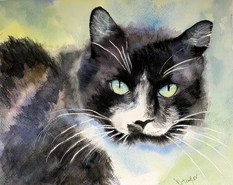 Miau / Katze,/ Schwarz und Weiß/ Haustiere/ Giclée/ Ungerahmt/ Aquarell/ 20,5 x 25 cm