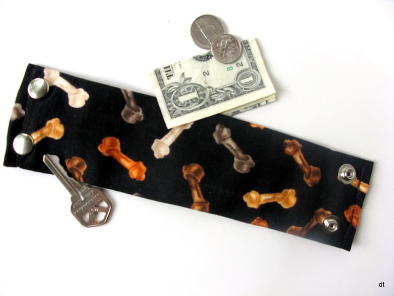Wristband Money Cuff Secret Stash Dog Bones hide your cash, jewels, key, health info in an inside zipper image 1
