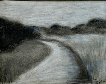 Original  Fine Art Charcoal,  " Mountain Roadway" Ready to  frame.