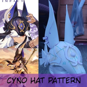 May include: A white foam pattern for a hat shaped like a jackal's head. The pattern has markings for cutting and folding. The image also shows a character from a video game wearing a similar hat.
