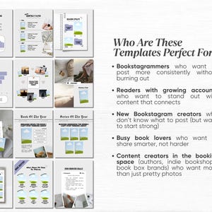May include: A collection of templates for bookstagrammers, readers, and content creators. The templates include charts, graphs, and photo layouts. The text on the image reads "Who Are These Templates Perfect For?" and lists the target audience.