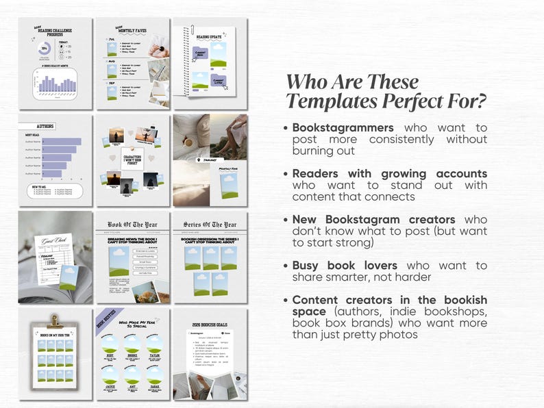 May include: A collection of templates for bookstagrammers, readers, and content creators. The templates include charts, graphs, and photo layouts. The text on the image reads "Who Are These Templates Perfect For?" and lists the target audience.