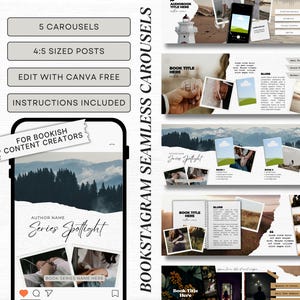 May include: A digital product showcasing Instagram carousel templates for bookish content creators. The design includes five carousels, 4:5 sized posts, and instructions. The templates feature a mountain landscape and space for book covers and titles.