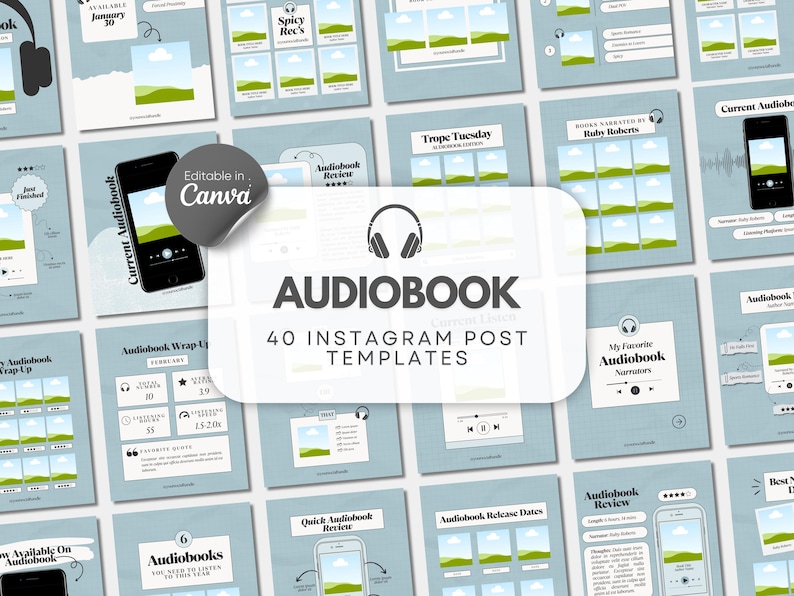 Publicación de audiolibros en Instagram, paquete de Bookstagram, reseña de libros, plantilla de Canva, autor, redes sociales, creador de contenido literario imagen 1