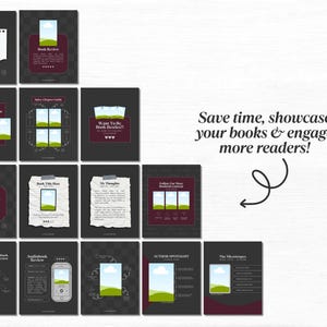 May include: A set of 12 social media templates for book reviews. The templates feature a dark background with a variety of designs, including a book cover, a landscape scene, and a quote. The text "Save time, showcase your books & engage more readers!" is included in the image.