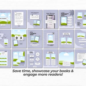 May include: A collection of fifteen light purple social media templates for book promotion, featuring various layouts with placeholders for images and text, including countdowns, character reveals, and review sections with placeholder text.