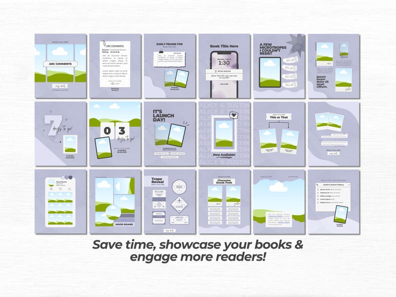May include: A collection of fifteen light purple social media templates for book promotion, featuring various layouts with placeholders for images and text, including countdowns, character reveals, and review sections with placeholder text.