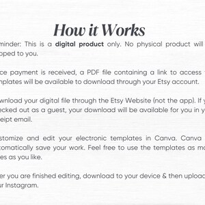 May include: Text on a white background reads "How it Works" followed by instructions for a digital product. The steps include downloading a PDF, accessing templates, and editing in Canva before uploading to Instagram.