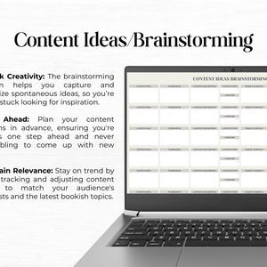 May include: A laptop computer with a white screen displaying a grid with the text "Content Ideas/Brainstorming". The text on the screen is a list of tips for generating content ideas, including "Unlock Creativity", "Plan Ahead", and "Maintain Relevance".