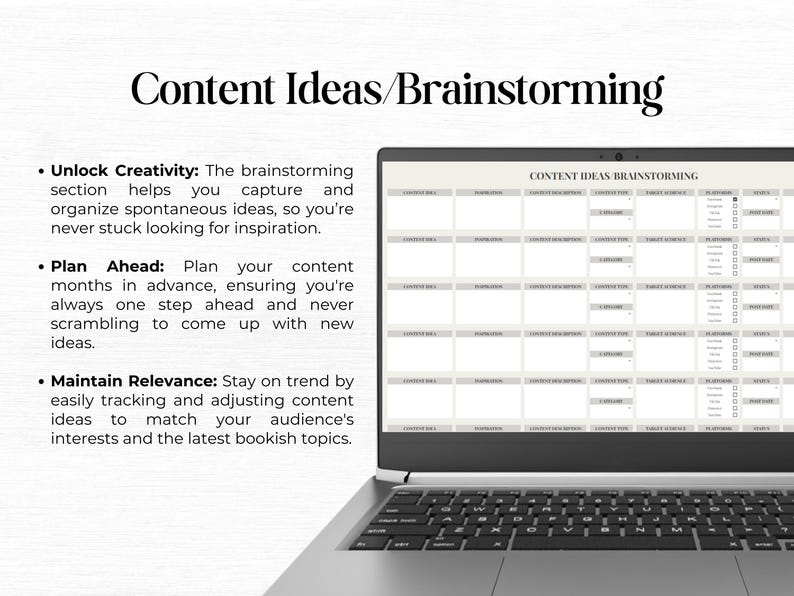 May include: A laptop computer with a white screen displaying a grid with the text "Content Ideas/Brainstorming". The text on the screen is a list of tips for generating content ideas, including "Unlock Creativity", "Plan Ahead", and "Maintain Relevance".