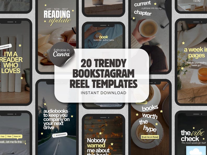 K&ouml;nnte beinhalten: Eine Sammlung von 20 digitalen Social-Media-Reel-Vorlagen mit verschiedenen buchbezogenen Layouts. Die Vorlagen enthalten Text&uuml;berlagerungen wie 20 TRENDY BOOKSTAGRAM REEL TEMPLATES, INSTANT DOWNLOAD und Editable in Canva auf Smartphone-Bildschirmen.