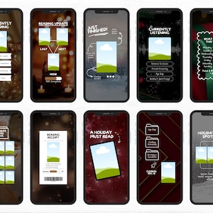 May include: A collection of smartphone screens displaying reading and listening updates, book recommendations, and holiday-themed content. The screens feature text like "Currently Reading," "Reading Update," and "What I Read This Week."