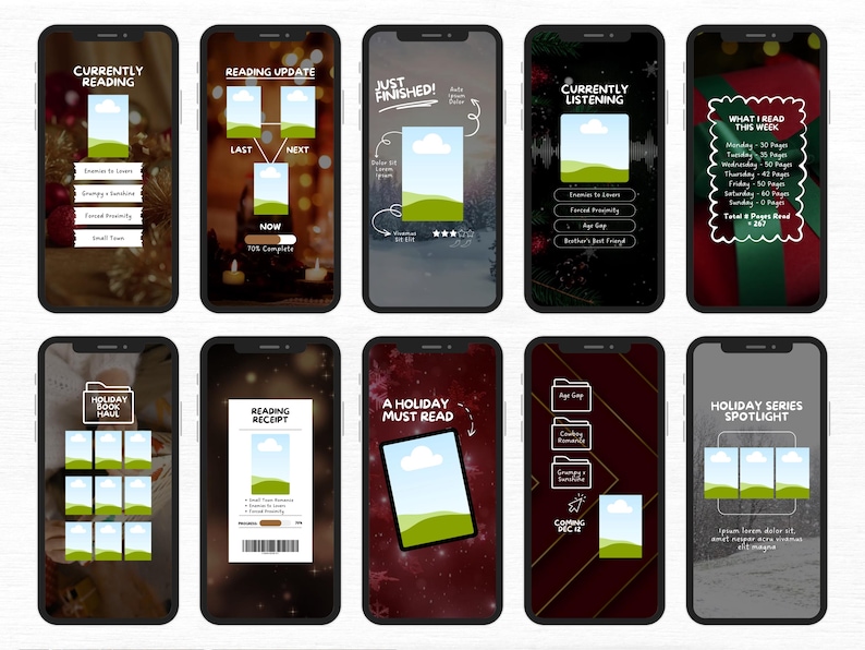 May include: A collection of smartphone screens displaying reading and listening updates, book recommendations, and holiday-themed content. The screens feature text like "Currently Reading," "Reading Update," and "What I Read This Week."