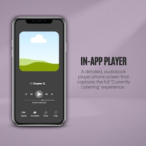 May include: A smartphone displays an audiobook player interface. The screen shows a landscape image, playback controls, and options for speed, car mode, timer, and clip. The text "IN-APP PLAYER" is visible.