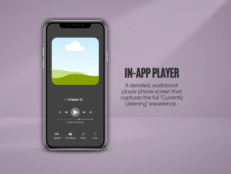 May include: A smartphone displays an audiobook player interface. The screen shows a landscape image, playback controls, and options for speed, car mode, timer, and clip. The text "IN-APP PLAYER" is visible.