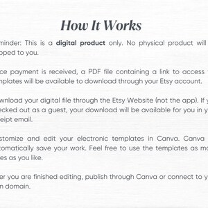 May include: How It Works: A digital product description explaining how to access and use digital templates. The text mentions downloading a PDF file with a link to access the templates through an Etsy account, customizing and editing the templates in Canva, and publishing through Canva or connecting to your own domain.