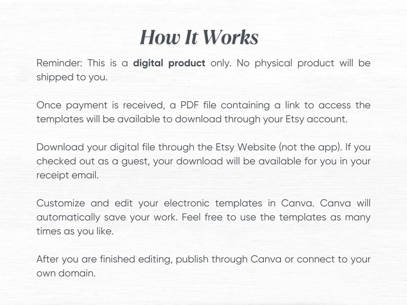 May include: How It Works: A digital product description explaining how to access and use digital templates. The text mentions downloading a PDF file with a link to access the templates through an Etsy account, customizing and editing the templates in Canva, and publishing through Canva or connecting to your own domain.