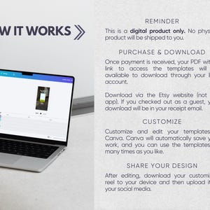 May include: A laptop displaying a Canva interface with a video editing timeline. The text on the right reads: HOW IT WORKS, REMINDER, This is a digital product only, PURCHASE & DOWNLOAD, CUSTOMIZE, and SHARE YOUR DESIGN, explaining the process.