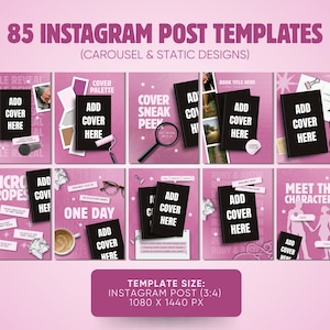 K&ouml;nnte beinhalten: Eine Sammlung von 85 Instagram-Beitragsvorlagen in einem rosa Farbschema, die Karussell- und statische Designs enthalten. Die Vorlagen bieten Platzhalter f&uuml;r Buchcover, Text und Grafiken mit einer Gr&ouml;&szlig;e von 1080 x 1440 Pixeln.