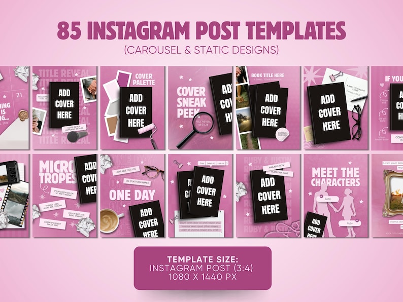 K&ouml;nnte beinhalten: Eine Sammlung von 85 Instagram-Beitragsvorlagen in einem rosa Farbschema, die Karussell- und statische Designs enthalten. Die Vorlagen bieten Platzhalter f&uuml;r Buchcover, Text und Grafiken mit einer Gr&ouml;&szlig;e von 1080 x 1440 Pixeln.