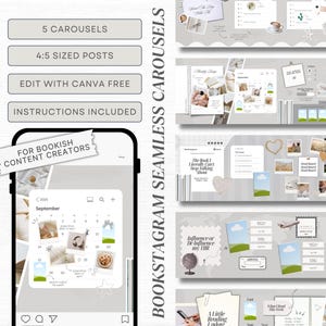 Könnte beinhalten: Ein digitales Produkt-Mockup mit Instagram-Karussellvorlagen. Das Design zeigt ein Telefon mit einem Kalender und verschiedenen Bildplatzhaltern. Der Text enthält "5 CAROUSELS", "4:5 SIZED POSTS" und "FOR BOOKISH CONTENT CREATORS".