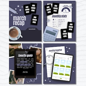 May include: A set of four digital templates for book tracking featuring dark purple backgrounds with wavy lines. Elements include a coffee cup, calculator, tablet, magnifying glass, and placeholders labelled march recap, monthly stats, favourite quote, and monthly hopefuls.