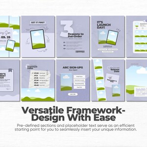 May include: A set of ten light purple social media templates featuring green landscape illustrations, white clouds, and placeholder text boxes. The designs include sections for launch dates, pre-order reasons, arc sign-ups, and book release information.