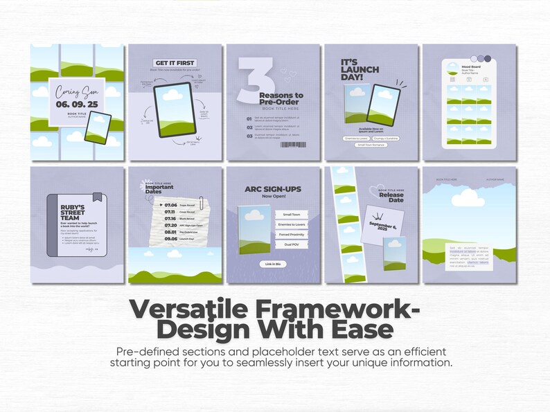 May include: A set of ten light purple social media templates featuring green landscape illustrations, white clouds, and placeholder text boxes. The designs include sections for launch dates, pre-order reasons, arc sign-ups, and book release information.
