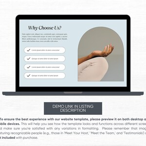 May include: A laptop computer screen displaying a website template with the text "Why Choose Us?" and a checklist with checkmarks. The screen also shows a photo of a person's hands in a yoga pose. The text "DEMO LINK IN LISTING DESCRIPTION" is displayed below the laptop.