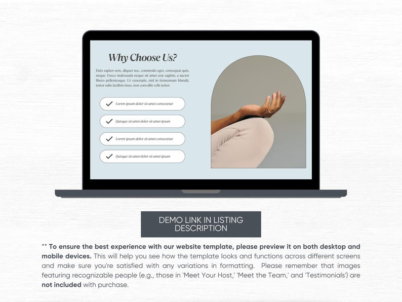 May include: A laptop computer screen displaying a website template with the text "Why Choose Us?" and a checklist with checkmarks. The screen also shows a photo of a person's hands in a yoga pose. The text "DEMO LINK IN LISTING DESCRIPTION" is displayed below the laptop.