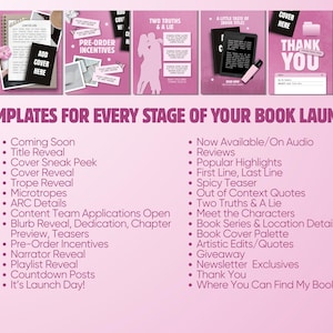 K&ouml;nnte beinhalten: Eine Sammlung von Social-Media-Vorlagen in Pink f&uuml;r Buchver&ouml;ffentlichungen mit verschiedenen Layouts, Platzhaltern f&uuml;r Buchcover, Text und Grafiken. Der Text lautet Templates for every stage of your book launch, gefolgt von einer Liste spezifischer Designkategorien, die Autoren und Verlage f&uuml;r ihre Werbeinhalte nutzen k&ouml;nnen.