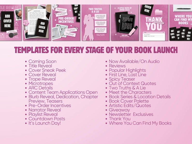 K&ouml;nnte beinhalten: Eine Sammlung von Social-Media-Vorlagen in Pink f&uuml;r Buchver&ouml;ffentlichungen mit verschiedenen Layouts, Platzhaltern f&uuml;r Buchcover, Text und Grafiken. Der Text lautet Templates for every stage of your book launch, gefolgt von einer Liste spezifischer Designkategorien, die Autoren und Verlage f&uuml;r ihre Werbeinhalte nutzen k&ouml;nnen.