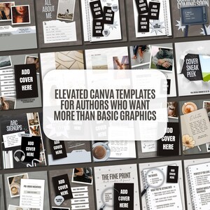 K&ouml;nnte beinhalten: Eine Sammlung von Canva-Vorlagen f&uuml;r Autoren, die verschiedene Layouts mit dem Text "Elevated Canva Templates for Authors Who Want More Than Basic Graphics" zeigen. Die Vorlagen enthalten Platz f&uuml;r Buchcover und Werbematerialien.