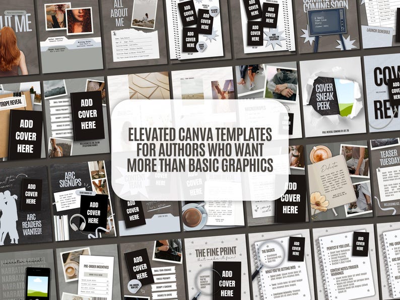 K&ouml;nnte beinhalten: Eine Sammlung von Canva-Vorlagen f&uuml;r Autoren, die verschiedene Layouts mit dem Text "Elevated Canva Templates for Authors Who Want More Than Basic Graphics" zeigen. Die Vorlagen enthalten Platz f&uuml;r Buchcover und Werbematerialien.