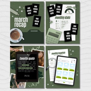 Puede incluir: Un conjunto de cuatro plantillas digitales con un fondo verde oscuro ondulado. Los elementos incluyen una taza de café, una calculadora, una tableta con una cita y una interfaz de cuadrícula, marcadores de posición y gráficos con texto.