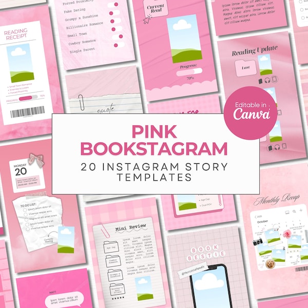 Peut inclure: Ensemble de modèles d'histoires Instagram roses sur le thème des livres. Les modèles comprennent des designs pour les reçus de lecture, les mises à jour de lecture et les mini-critiques. Le texte "PINK BOOKSTAGRAM 20 INSTAGRAM STORY TEMPLATES" est affiché.